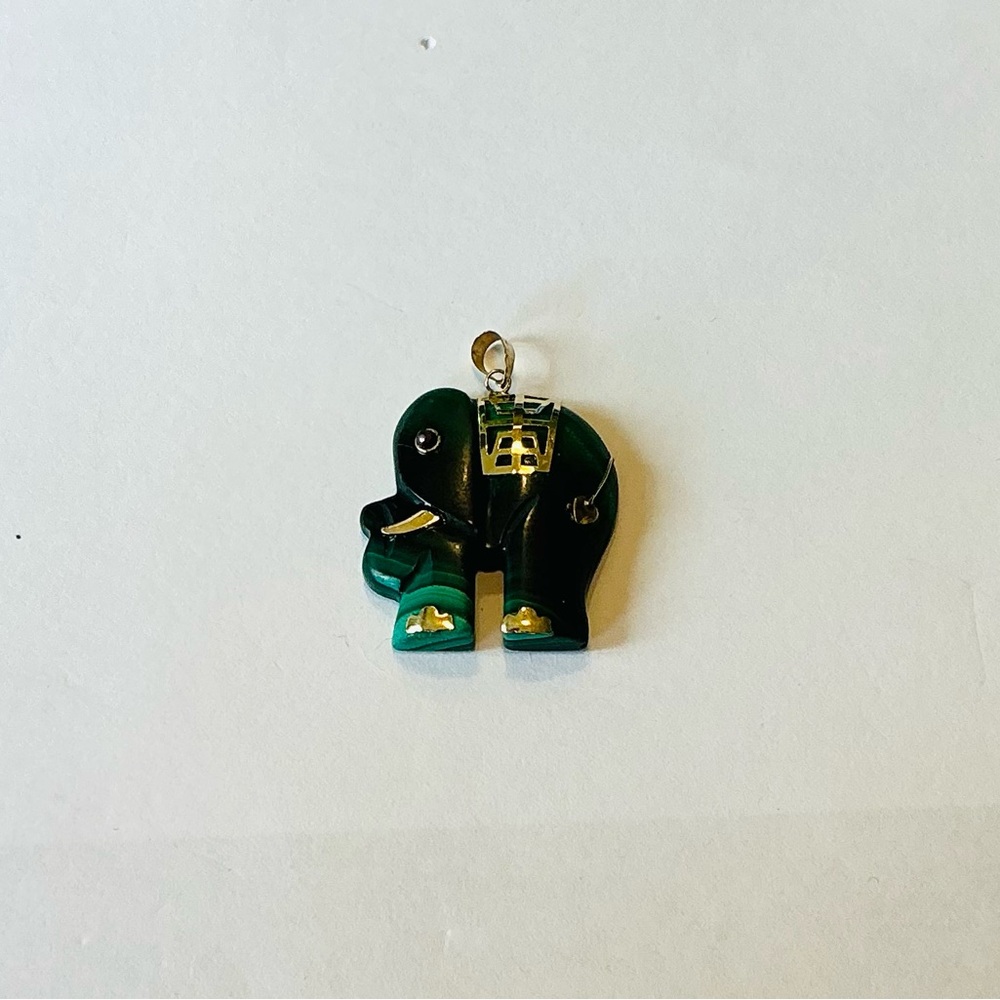 Vintage 1960  Malachite  and 14k Gold Elephant Pendant